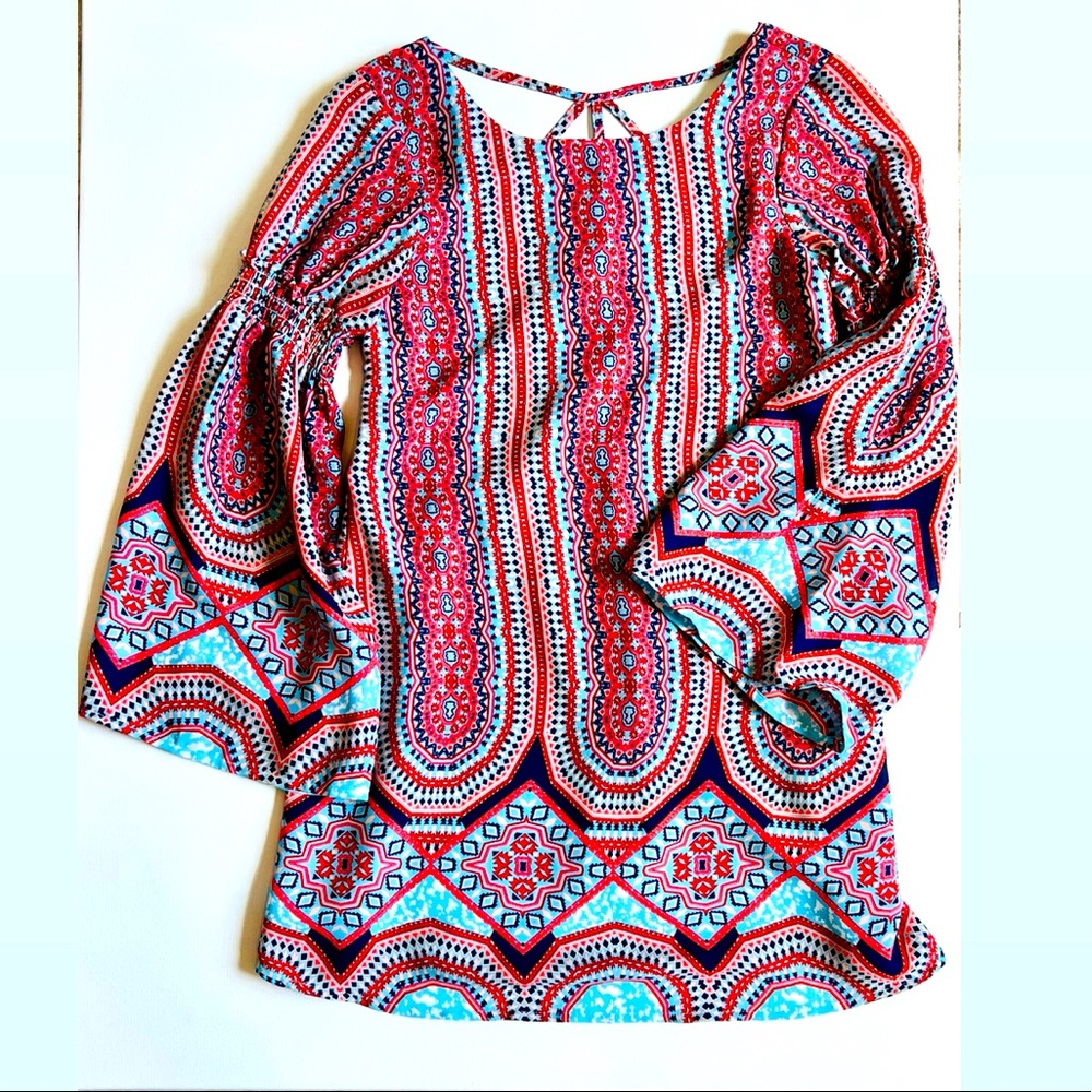 GB Girls Blouse/Short Dress with Bell Sleeves Elegant Kaleidoscope Pattern 8-9